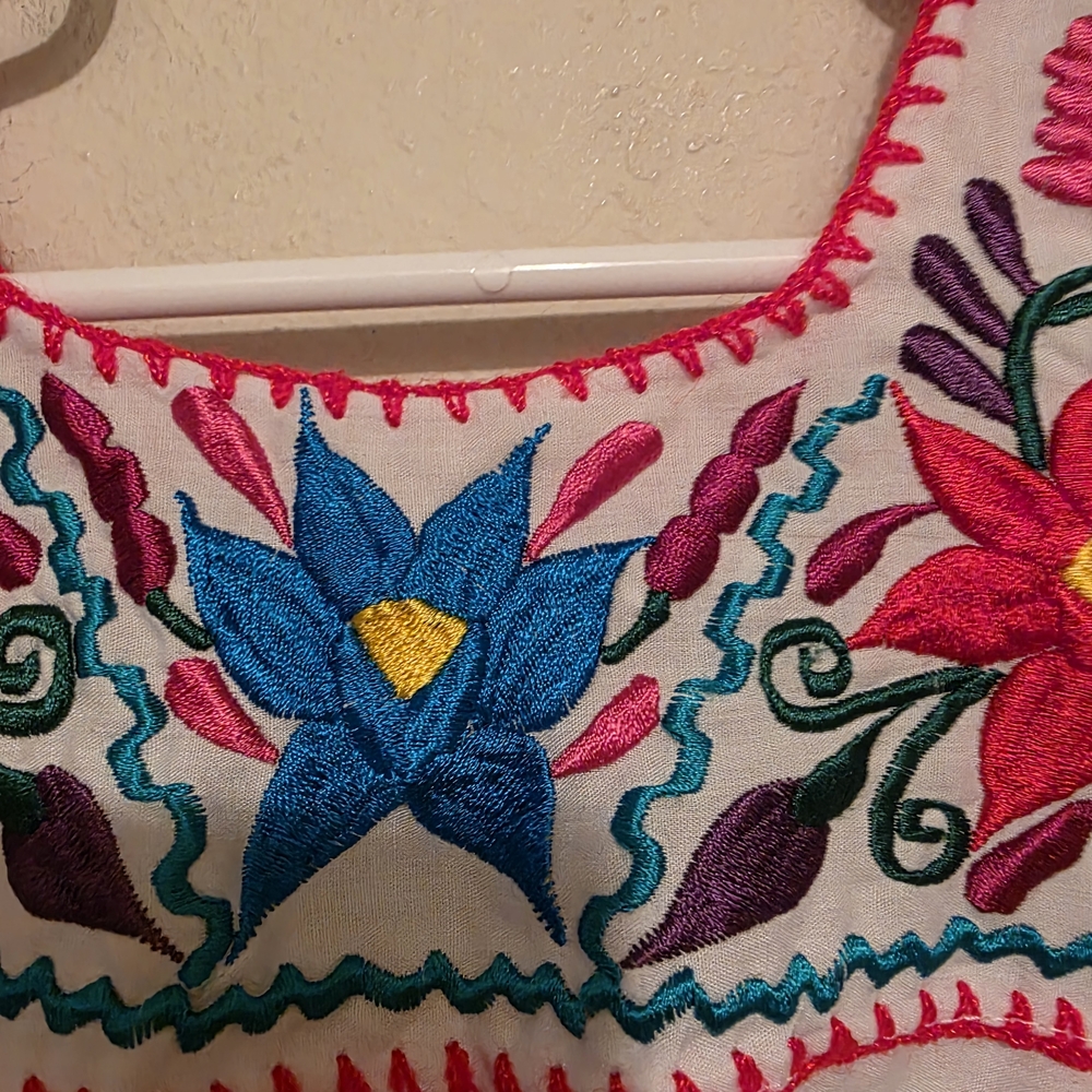 Mexican Colorful Floral Embroidered White Kids Blouse Size 4T - Picture 5 of 8